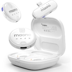 MAONO Wireless-Lavalier-Microphone for iPhone 15 & Android, USB C Wireless Lapel Mic 48kHz/16Bit, Noise Cancellation, 328ft Range, 18H Battery for TikTok, YouTube, Video Recording, Streaming (White)