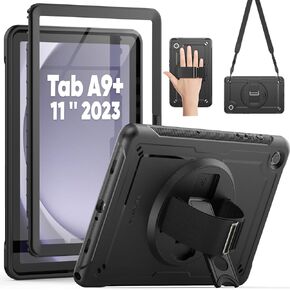 حافظة SEYMAC لهاتف Samsung Galaxy Tab A9+ Plus مقاس 11 بوصة 2023 (SM-X210/X216/X218)، حافظة واقية مقاومة للصدمات لكامل الجسم مع واقي شاشة، حامل دوار وحزام لليد/الكتف، أزرق فاتح/رمادي