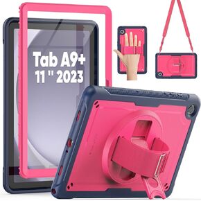 SEYMAC Case for Samsung Galaxy Tab A9+ Plus Case 11" 2023 (SM-X210/X216/X218), Full-Body Shockproof Protective Case with Screen Protector, Rotating Stand and Hand/Shoulder Strap, Black