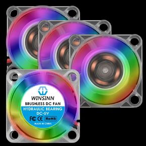 WINSINN 25mm RGB Fan 5V, LED Colorful 3D Printer Micro 5 Volt Fans 2510 Hydraulic Bearing, Brushless Cooling 25mmx10mm 2PIN (Pack of 4Pcs)