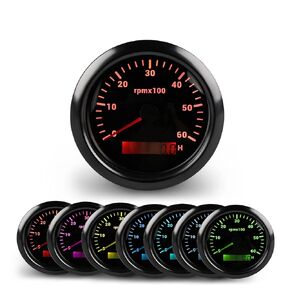 WATERWICH Tachometers 85mm 3.34in Boat Marine Car 0-6000 RPM Meter Kit 7 Colors for Auto Truck（Black）