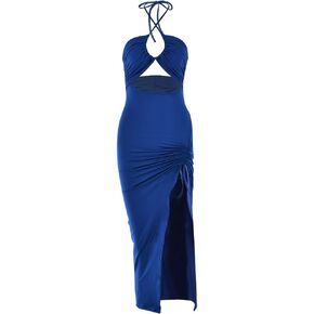 Sexy Cutout Bodycon Dress Halter High Slit Drawstring Midi Long Club Women Dress