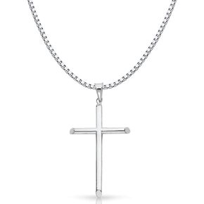 14K White Gold Classic Cross Religious Charm Pendant with 1.2mm Box Chain Necklace