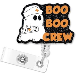 Boo Boo Crew Retractable Black Glitter Badge Reel with Clip, Funny Halloween Ghost ID Card Badge Holder Gift for Nurses Doctors RN EN School Nurse Paramedic Medical Office Work