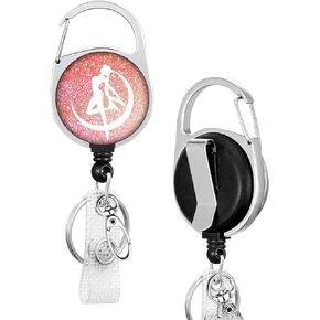 Anime Moon Retractable Badge Reel Heavy Duty with 360°Swivel Carabiner Clip Cute Pink Anime ID Badge Holder Retractable with Belt Clip and Key Ring for Office Nurse Doctor Teacher