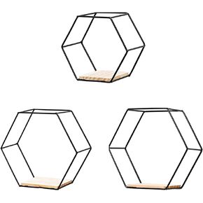 3 Pcs Floating Shelves, Black Geometric Hexagon Shaped Mounted Floating, Metal Wire Wall Display Shelves for Bedroom Living Room Kitchen Office, 6.7in 9.4in 11in
