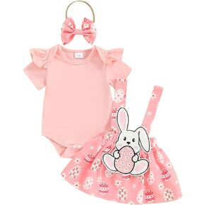 Baby Girl Easter Outfit Bunny Ruffle Short Sleeve Shirt Onesie Suspender Skirt Newborn Easter Clothes+Headband