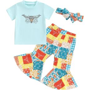 Gueuusu Western Toddler Baby Girl Outfits Short Sleeve Cow/Horse T-Shirt Top Boho Bell Bottom Pants Headband Clothes Set