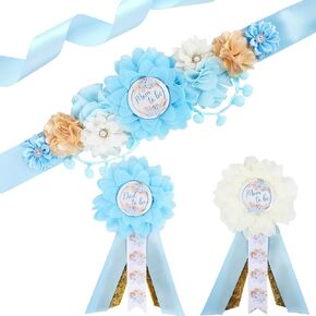 Boho Baby Shower Maternity Sash Kit - Blue Neutral Baby Shower Belly Belt and Mom to Be & Dad to Be Corsage Pins, New Parents Pregnancy Photo Props Party Supplies