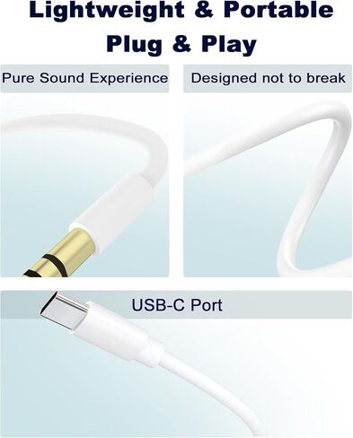 كابل AUX إلى USB C، USB من النوع C إلى 3.5 ملم صوت Aux لسماعات الرأس سلك ستيريو للسيارة متوافق مع iPhone 15 Pro Max، iPad Pro/Air، Pixel 5 XL، أبيض 3.3 قدم in Saudi Arabia