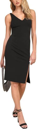 Bonkwa Womens Wedding Guest Dress V Neck Sleeveless Formal Midi Dresses Summer V Back Slit Dress Solid Cocktail Bodycon Dress in Saudi Arabia