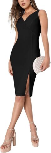 Bonkwa Womens Wedding Guest Dress V Neck Sleeveless Formal Midi Dresses Summer V Back Slit Dress Solid Cocktail Bodycon Dress in Saudi Arabia