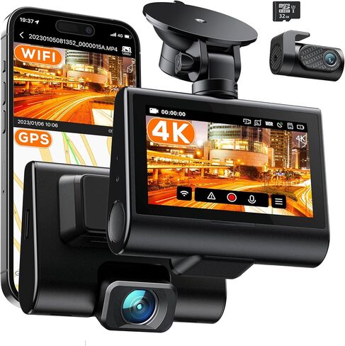 كاميرا iZEEKER 4K Dash Cam أمامية وخلفية مع Wi-Fi، GPS، كاميرا داش مزدوجة للسيارات المزودة ببطاقة 32 جيجابايت، شاشة لمس IPS مقاس 3 بوصات، WDR، رؤية ليلية، وضع انتظار السيارات، خياران للتركيب in Kuwait