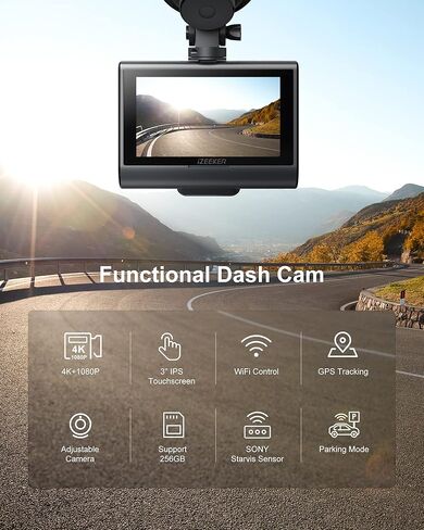 كاميرا iZEEKER 4K Dash Cam أمامية وخلفية مع Wi-Fi، GPS، كاميرا داش مزدوجة للسيارات المزودة ببطاقة 32 جيجابايت، شاشة لمس IPS مقاس 3 بوصات، WDR، رؤية ليلية، وضع انتظار السيارات، خياران للتركيب in Kuwait