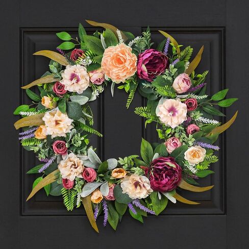 22'' Summer Wreath for Front Door, Elegance Peony Wreath with Lavender for Farmhouse Porch Decoration, Floral Flowers Front Door Wreath for Home Decor in Saudi Arabia