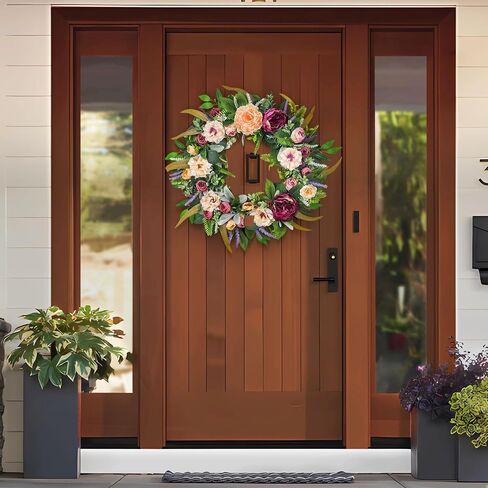 22'' Summer Wreath for Front Door, Elegance Peony Wreath with Lavender for Farmhouse Porch Decoration, Floral Flowers Front Door Wreath for Home Decor in Saudi Arabia