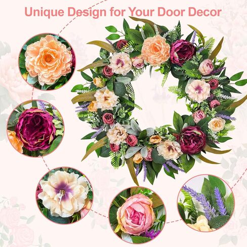 22'' Summer Wreath for Front Door, Elegance Peony Wreath with Lavender for Farmhouse Porch Decoration, Floral Flowers Front Door Wreath for Home Decor in Saudi Arabia