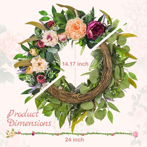 22'' Summer Wreath for Front Door, Elegance Peony Wreath with Lavender for Farmhouse Porch Decoration, Floral Flowers Front Door Wreath for Home Decor in Saudi Arabia