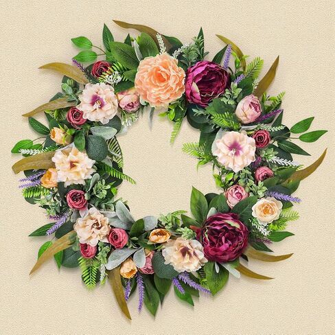 22'' Summer Wreath for Front Door, Elegance Peony Wreath with Lavender for Farmhouse Porch Decoration, Floral Flowers Front Door Wreath for Home Decor in Saudi Arabia