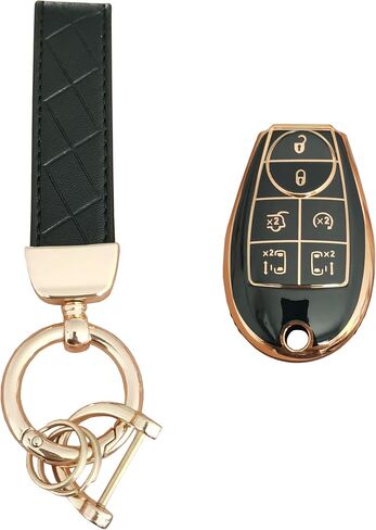 for Dodge Key Fob Cover with Leather Keychain Keyless Entry Remote Control Key Case Protector Replacement Fit for for Chrysler Town and Country Dodge Grand Caravan (7-Button Black) in Saudi Arabia