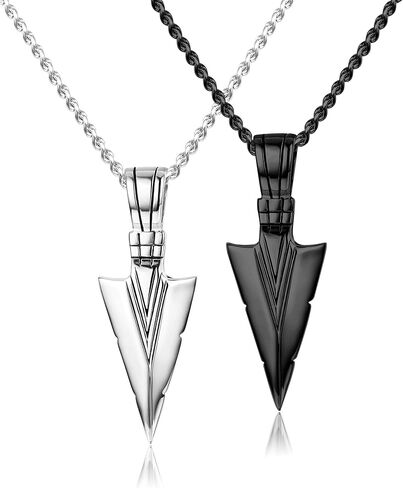 Stainless Steel Pendant Necklace For Mens Cool Spearpoint Arrowhead Pendant Chain Necklace Set Black & Silver Tone, Regular in Saudi Arabia