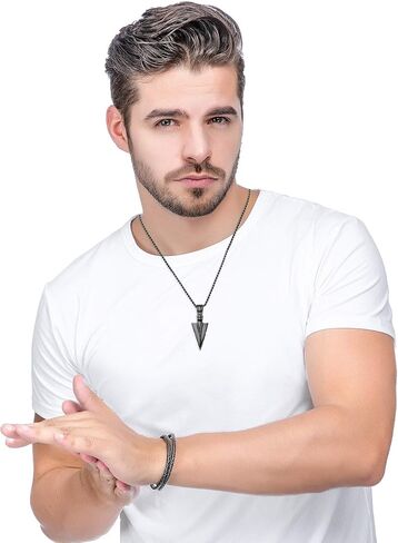 Stainless Steel Pendant Necklace For Mens Cool Spearpoint Arrowhead Pendant Chain Necklace Set Black & Silver Tone, Regular in Saudi Arabia
