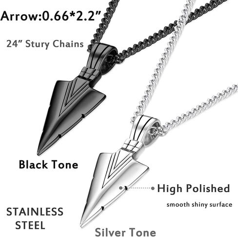 Stainless Steel Pendant Necklace For Mens Cool Spearpoint Arrowhead Pendant Chain Necklace Set Black & Silver Tone, Regular in Saudi Arabia