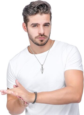 Stainless Steel Pendant Necklace For Mens Cool Spearpoint Arrowhead Pendant Chain Necklace Set Black & Silver Tone, Regular in Saudi Arabia
