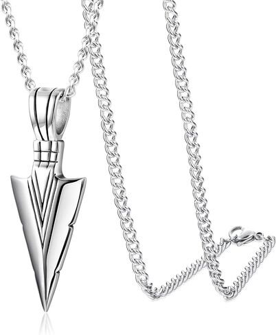 Stainless Steel Pendant Necklace For Mens Cool Spearpoint Arrowhead Pendant Chain Necklace Set Black & Silver Tone, Regular in Saudi Arabia