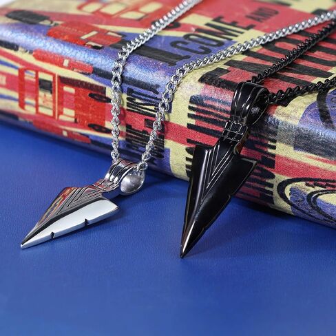 Stainless Steel Pendant Necklace For Mens Cool Spearpoint Arrowhead Pendant Chain Necklace Set Black & Silver Tone, Regular in Saudi Arabia
