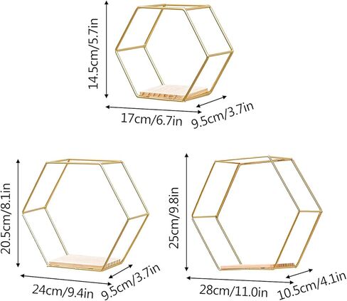 3 قطع من أرفف الحائط السداسية الذهبية، سلك زخرفي عائم مثبت على الحائط، أرفف عائمة هندسية متعددة الاستخدام، رفوف معدنية لغرفة النوم وغرفة المعيشة والمكتب والمطبخ، 6.7 بوصة 9.4 بوصة 11 بوصة in Kuwait