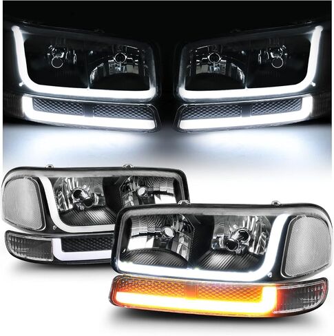 مجموعة المصابيح الأمامية M-AUTO Switchback LED DRL متوافقة مع 99-07 GMC Sierra 1500، 99-04 2500، 01-07 1500 HD/2500 HD/3500 HD، 99-06 يوكون، 00-06 يوكون XL 1500/2500 in Saudi Arabia
