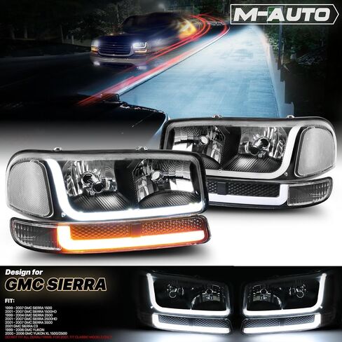 مجموعة المصابيح الأمامية M-AUTO Switchback LED DRL متوافقة مع 99-07 GMC Sierra 1500، 99-04 2500، 01-07 1500 HD/2500 HD/3500 HD، 99-06 يوكون، 00-06 يوكون XL 1500/2500 in Saudi Arabia