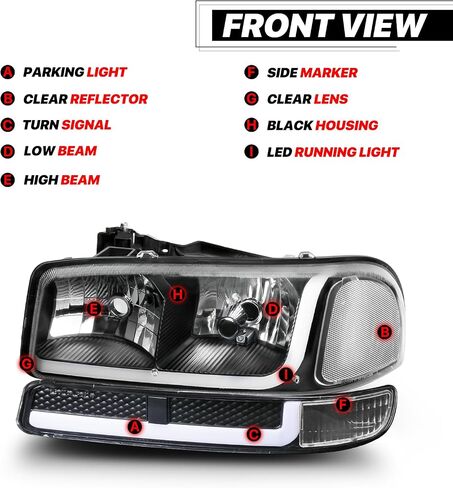 مجموعة المصابيح الأمامية M-AUTO Switchback LED DRL متوافقة مع 99-07 GMC Sierra 1500، 99-04 2500، 01-07 1500 HD/2500 HD/3500 HD، 99-06 يوكون، 00-06 يوكون XL 1500/2500 in Saudi Arabia