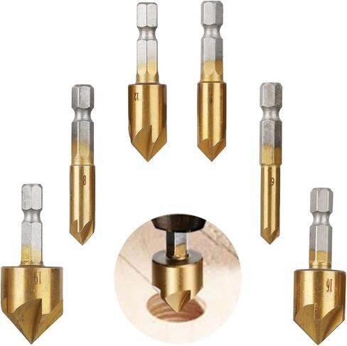 6 Pcs Hex Countersink Drill Bit Set 5 Flute 90 Degree Center Countersink Bits Sizes 1/4“5/16“3/8“1/2“5/8“3/4“for Wood Quick Change Bit (6mm-19mm) in Saudi Arabia