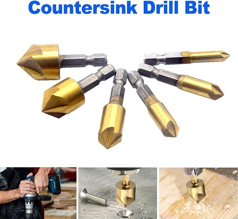 6 Pcs Hex Countersink Drill Bit Set 5 Flute 90 Degree Center Countersink Bits Sizes 1/4“5/16“3/8“1/2“5/8“3/4“for Wood Quick Change Bit (6mm-19mm) in Saudi Arabia