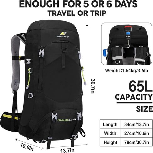 N NEVO RHINO Internal Frame Hiking Backpack 50/60/65/70/80L with Rain Cover | Backpacking Backpack with Padded Hip Belt, Multi-Pockets, Pole Loops, Waterproof Daypack for Men Women Climbing Camping in Kuwait