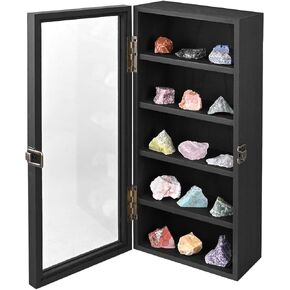 Ikee Design Wall Mounted Wooden Collectible Display Case 5 Shelf Display Storage Accessories Display with Tempered Glass Door, Black Color