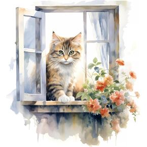 Fabric Panel 8"x8" Kitten in Window 100% Cotton Quilting Panel Square AM302