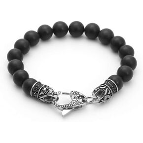 Black Beaded Bracelets for Men - 10mm Black Onyx Bracelet with Stainless Steel Clasp Dragon Design - Handmade Crystal Bracelets for Men