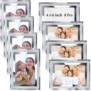 Reginary 8 Pcs Glass Picture Frame Bulk Diamond Photo Frame Shiny Mirror Glitter Crushed Frame Crush Silver Frame for Tabletop Display Shelf Desk Home Bedroom Wedding Decor Gift (4 x 6 Inch)
