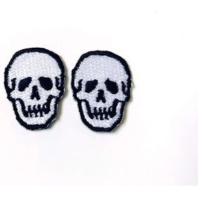 TH Set of 2 Tiny. Mini White Skull Skeleton Logo Sew Iron on Embroidered Applique Badge Sign Patch Clothing Costume