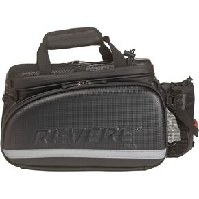 Revere RTX-CF Super large capacity waterproof hardshell woven carbon fiber composit finish rear trunk bicycle bag with expandable side panniers and top. INCLUDES WATER BOTTLE AND SAFETY TAILLIGHT.