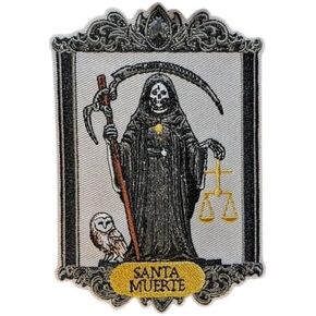 Santa Muerte Patch Folk Saint Our Lady of Holy Death Nuestra Señora de la Santa Muerte Grim Reaper Spiritual Protection Love Prosperity Good Health Fortune Healing Embroidered Iron On 5x3.5""