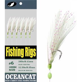 OCEAN CAT 10 Packs Feather Fish Skin 6 Hooks Fishing Rigs with String Hooks Glow Fishing Beads High Carbon Hooks for Freshwater Saltwater Fishing Lures Bait Rig Tackle