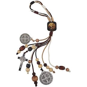 Elysian Gift Shop Saint Benedict Home Protection Charm Door Hanger with two Sided Silver Tone St Benedict Medals, St Benedict Crucifix and Assorted Wooded Beads- Includes St. Benedict Prayer Card
