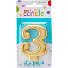 Amscan Number 3 Metallic Gold Candle, 1ct, 3 1/4"