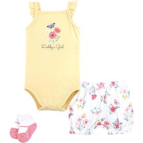 Hudson Baby Unisex Baby Bodysuit, Short and Sock, Butterfly Floral Daddy, 0-3 Months
