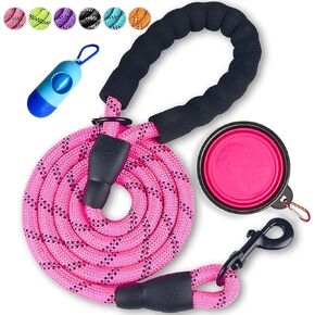 1 Dog Leash 2FT/5FT/6 FT Thick Durable Nylon Dog Rope - Comfortable Padded Handle Reflective Rope Dog Leash for Medium Large Dogs with Collapsible Pet Bowl and Garbage Bags （Pink, 1/2" x 5 FT