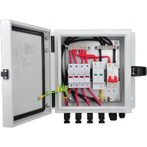 PV Combiner Box, 4 String Metal Solar Combiner Box with 15A Rated Current Fuse, Surge Protective Device and 50A Air Circuit Breaker for On/Off Grid Solar Panel System, Pre-Wired Cable